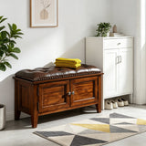 Vintage Tufted Genuine Leather Storage Bench with Cabinet Doors - StoolTopia