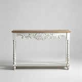 Vintage White Carved Console Table with Natural Wood Top - StoolTopia