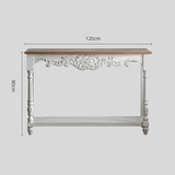 Vintage White Carved Console Table with Natural Wood Top - StoolTopia