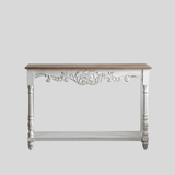 Vintage White Carved Console Table with Natural Wood Top - StoolTopia