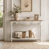 Vintage White Carved Console Table with Natural Wood Top - StoolTopia