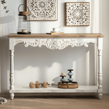 Vintage White Carved Console Table with Natural Wood Top - StoolTopia