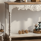 Vintage White Carved Console Table with Natural Wood Top - StoolTopia