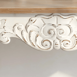 Vintage White Carved Console Table with Natural Wood Top - StoolTopia