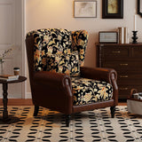 Vintage Wingback Lounge Chair – Floral Tapestry Accent Armchair with PU Leather Trim - StoolTopia