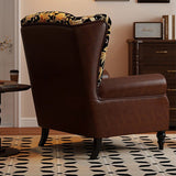 Vintage Wingback Lounge Chair – Floral Tapestry Accent Armchair with PU Leather Trim - StoolTopia