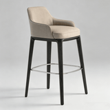 White Wax Wood Bar Stool with Linen Padded Seat - Contemporary High Chair - StoolTopia