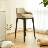 White Wax Wood Bar Stool with Linen Padded Seat - Contemporary High Chair - StoolTopia