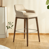 White Wax Wood Bar Stool with Linen Padded Seat - Contemporary High Chair - StoolTopia