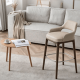 White Wax Wood Bar Stool with Linen Padded Seat - Contemporary High Chair - StoolTopia